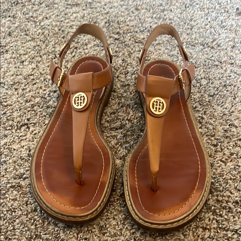 Tommy Hilfiger Tan T-Strap Sandals with Logo Detail